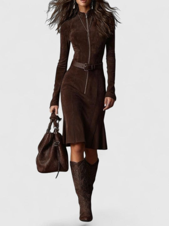 Brown Vintage Zipper Belted Midi Dress
