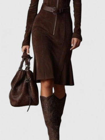 Brown Vintage Zipper Belted Midi Dress
