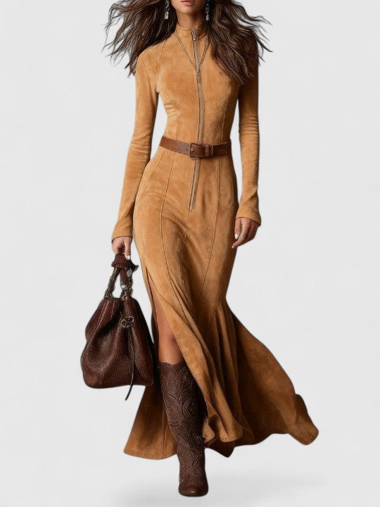 Vintage Brown Zipper Belted Maxi Dress（Includes belt）